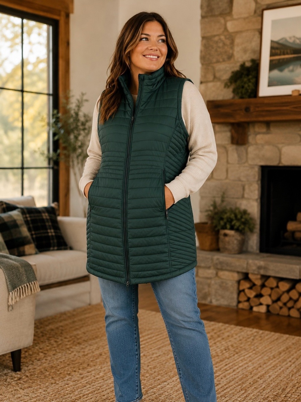 Weatherproof Green Quilted Longline Puffer Vest Full Zip Women’s Size XL